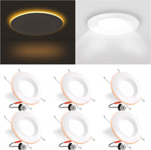 Cargar imagen en el visor de la galería, Paquete de 6 luces LED empotrables de 6 pulgadas con luz nocturna, luces de lata regulables con borde deflector, 9 W = 85 W, blanco cálido 3000 K, retrofit de 700 lúmenes, CRI 90, clasificación A19