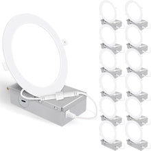 Cargar imagen en el visor de la galería, E ENERGETIC LIGHTING Paquete de 12 lámparas de techo empotrables LED ultrafinas de 6 pulgadas con caja de conexiones, luz diurna 5000 K, brillo de 1050 lm, 12 W 110 W Eqv, lámpara de oblea regulable A19