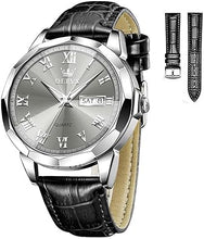 Cargar imagen en el visor de la galería, OLEVS Relojes de pulsera para hombre, a la moda, elegante, con esfera de espejo, de diamante, impermeable, a21 calendario, de cuarzo, correa de cuero, para hombre, azul/blanco/gris