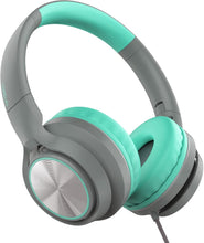 Cargar imagen en el visor de la galería, LORELEI E7 - Auriculares para niños con micrófono, auriculares con cable para niños, niñas, volumen seguro de 85/94 dB, plegables y giratorios, 0.138 in, sin enredos, para la escuela,ln24 iPad, portátil, viajes (gris y verde)