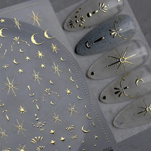 Cargar imagen en el visor de la galería, Calcomanías de uñas con diseño de luna y estrella, 3D, dorado, bronceador, láser, estrella, luna A24