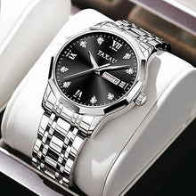Cargar imagen en el visor de la galería, Reloj de vestir para hombre, reloj de lujo con diamantes impermeable, de cara grande, de acero inoxidable, a la moda, clásico, a21 con fecha de día, dos tonos, plateado, dorado, negro, azul, azul,
