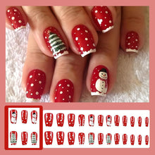 Cargar imagen en el visor de la galería, Uñas postizas cuadradas cortas con diseño de muñeco de nieve, diseño rojo puro, cobertura completa, para niñas y mujeres, a22 24 unidades Nombre del patrón:Nuevo patrón9