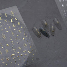 Cargar imagen en el visor de la galería, Calcomanías de uñas con diseño de luna y estrella, 3D, dorado, bronceador, láser, estrella, luna A24