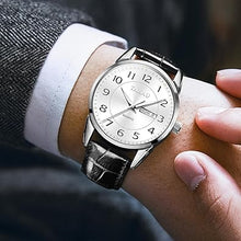 Cargar imagen en el visor de la galería, Reloj de hombre con cara grande, fácil de leer, números arábigos, relojes de vestir para hombre, clásico, negro, marrón, a21 correa de cuero, analógico, reloj de pulsera para hombre con día y fecha,