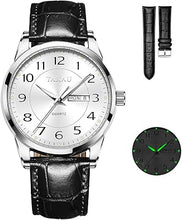 Cargar imagen en el visor de la galería, Reloj de hombre con cara grande, fácil de leer, números arábigos, relojes de vestir para hombre, clásico, negro, marrón, a21 correa de cuero, analógico, reloj de pulsera para hombre con día y fecha,