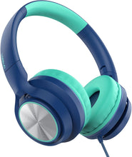 Cargar imagen en el visor de la galería, LORELEI E7 - Auriculares para niños con micrófono, auriculares con cable para niños, niñas, volumen seguro de 85/94 dB, conector de audio de 0.138 in, sin enredos, para la escuela, iPad,ln24 portátil, viajes (azul y verde)