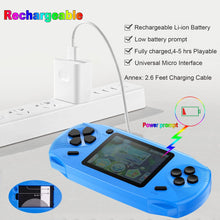 Cargar imagen en el visor de la galería, Juegos de consola de mano de 16 bits para niños y adultos, pantalla grande de 3 pulgadas, precargada con 100 juegos clásicos en alta definición, recargable por USB, idea de regalo (azul) A19