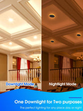 Cargar imagen en el visor de la galería, Paquete de 6 luces LED empotrables de 6 pulgadas con luz nocturna, luces de lata regulables con borde deflector, 9 W = 85 W, blanco cálido 3000 K, retrofit de 700 lúmenes, CRI 90, clasificación A19