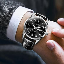 Cargar imagen en el visor de la galería, Reloj de hombre con cara grande, fácil de leer, números arábigos, relojes de vestir para hombre, clásico, negro, marrón, a21 correa de cuero, analógico, reloj de pulsera para hombre con día y fecha,