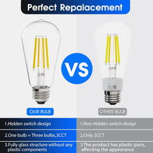 Cargar imagen en el visor de la galería, E ENERGETIC LIGHTING ST58/ST18, bombillas de filamento LED, 3CCT, 2700K/4000K/5000K, alto brillo, 7W, equivalente a 60 W, vidrio transparente clásico, E26, paquete de 4 A19