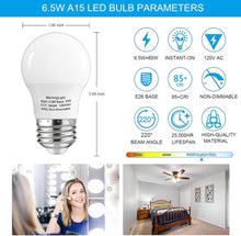 Cargar imagen en el visor de la galería, MorningLight Paquete de 6 bombillas LED A15 equivalentes a 60 W, luz diurna 5000 K, base E26, no regulable, 6.5 W 600 lúmenes, bombillas LED A15 para ventilador de techo, apliques de pared, más de A19