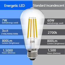 Cargar imagen en el visor de la galería, E ENERGETIC LIGHTING ST58/ST18, bombillas de filamento LED, 3CCT, 2700K/4000K/5000K, alto brillo, 7W, equivalente a 60 W, vidrio transparente clásico, E26, paquete de 4 A19