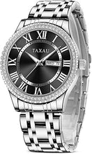 Cargar imagen en el visor de la galería, Reloj para hombre, reloj de cuarzo de acero inoxidable dorado plateado con fecha de día, a21 reloj de vestir impermeable con diamantes de moda, casual, fácil de leer