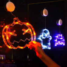 Cargar imagen en el visor de la galería, Luces de Halloween LOLStar Decoraciones 2025 Paquete de 3 Luces de ventana de murciélago morado de calabaza naranja con ventosas