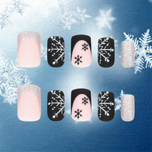 Cargar imagen en el visor de la galería, Uñas postizas a presión con copos de nieve de Navidad, uñas postizas acrílicas francesas con purpurina plateada mate, 24 unidades, a22 uñas de gel de copo de nieve negro, uñas francesas adhesivas en uñas