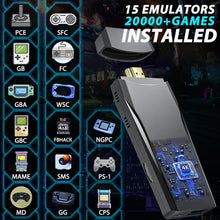 Cargar imagen en el visor de la galería, Barra de consola de juegos retro inalámbrica, palo de juegos nostalgia, Plug & Play TV Video Gaming Stick con más de 20000 juegos integrados, 15 emuladores retro 64G, salida HDMI 4K, 2 controladores A19