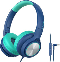 Cargar imagen en el visor de la galería, LORELEI E7 - Auriculares para niños con micrófono, auriculares con cable para niños, niñas, volumen seguro de 85/94 dB, conector de audio de 0.138 in, sin enredos, para la escuela, iPad,ln24 portátil, viajes (azul y verde)