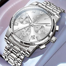 Cargar imagen en el visor de la galería, Reloj cronógrafo clásico de acero inoxidable para hombre, con cara grande, fácil de leer, reloj cronógrafo para hombre, a21 reloj analógico de cuarzo, resistente al agua, números romanos, reloj de