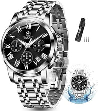 Cargar imagen en el visor de la galería, Reloj cronógrafo clásico de acero inoxidable para hombre, con cara grande, fácil de leer, reloj cronógrafo para hombre, reloj analógico de cuarzo, a21 resistente al agua, números romanos, reloj de