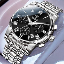 Cargar imagen en el visor de la galería, Reloj cronógrafo clásico de acero inoxidable para hombre, con cara grande, fácil de leer, reloj cronógrafo para hombre, reloj analógico de cuarzo, a21 resistente al agua, números romanos, reloj de