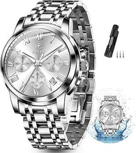 Cargar imagen en el visor de la galería, Reloj cronógrafo clásico de acero inoxidable para hombre, con cara grande, fácil de leer, reloj cronógrafo para hombre, a21 reloj analógico de cuarzo, resistente al agua, números romanos, reloj de