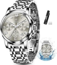 Cargar imagen en el visor de la galería, Reloj cronógrafo clásico de acero inoxidable para hombre, con cara grande, fácil de leer, reloj cronógrafo para hombre, reloj analógico de cuarzo, a21 resistente al agua, números romanos, reloj de