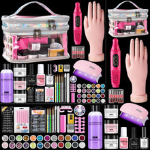 Cargar imagen en el visor de la galería, Kit de uñas para principiantes con todo: juego profesional de polvo acrílico líquido para uñas con mano de práctica