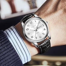 Cargar imagen en el visor de la galería, Reloj de hombre con cara grande, fácil de leer, números arábigos, relojes de vestir para hombre, clásico, negro, marrón, a21 correa de cuero, analógico, reloj de pulsera para hombre con día y fecha,