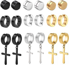 Cargar imagen en el visor de la galería, Aretes de acero inoxidable para hombre, 9 pares de aretes colgantes de cruz de oro negro, a24