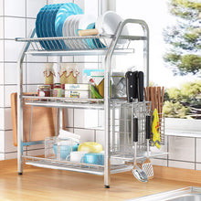 Cargar imagen en el visor de la galería, Estante para platos de acero inoxidable de 3 niveles con soporte para cuchillos y soporte para tabla de cortar