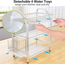 Cargar imagen en el visor de la galería, Estante para platos de acero inoxidable de 3 niveles con soporte para cuchillos y soporte para tabla de cortar