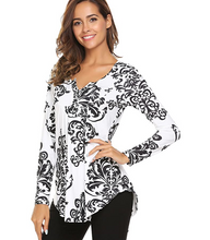 Cargar imagen en el visor de la galería, Blusa plisada de manga larga con estampado de cachemira con cuello en V NDP31