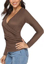 Cargar imagen en el visor de la galería, Mujer Waffle Knit Botones Envuelven Cuello V Manga Larga NDP68