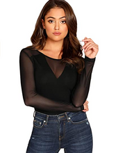 Cargar imagen en el visor de la galería, ROMWE Blusa de manga larga de malla transparente Negra NDP59