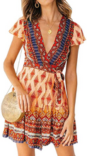Cargar imagen en el visor de la galería, ZESICA Vestido de verano para mujer, cuello en V, bohemio Naranja NDP15