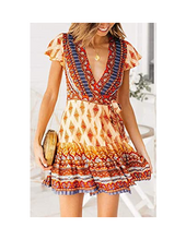 Cargar imagen en el visor de la galería, ZESICA Vestido de verano para mujer, cuello en V, bohemio Naranja NDP15