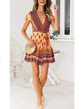 Cargar imagen en el visor de la galería, ZESICA Vestido de verano para mujer, cuello en V, bohemio Naranja NDP15