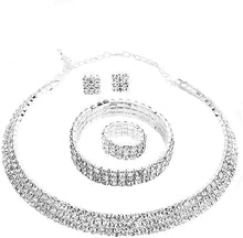 Cargar imagen en el visor de la galería, Conjunto de joyas, gargantilla, aretes, pulsera y aros con estrás de cristal NDP-29
