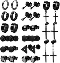 Cargar imagen en el visor de la galería, Juego de 15 pares de aretes para hombre de acero inoxidable