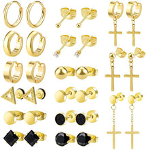 Cargar imagen en el visor de la galería, Juego de 15 pares de aretes para hombre de acero inoxidable