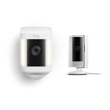 Cargar imagen en el visor de la galería, Ring Spotlight Cam Plus Battery con la nueva cámara de interiores Ring Indoor Cam, color blanco LN23

