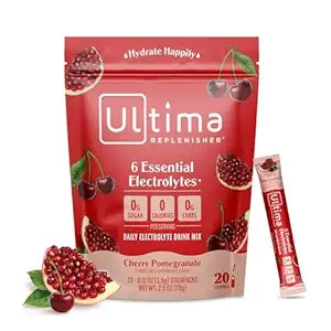 Bebida de electrolitos diaria Ultima Replenisher, sabor a cereza y granada, 20 sobres, paquetes de hidratación con 6 electrolitos y minerales, apto para dietas cetogénicas, vegano, sin OGM y sin azúcar ln25
