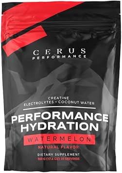 Cerus Performance - Polvo electrolítico para hidratación de alto rendimiento - Sabor a sandía, 5 g de monohidrato de creatina, 500 mg de agua de coco en polvo - Favorece la resistencia, la recuperación muscular y la cetosis 30 porciones ln25