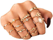 Cargar imagen en el visor de la galería, Sither Juego de 13 anillos para mujer, anillos de nudillos, anillos bohemios dorados, anillos de cristal con gemas vintage, conjuntos de anillos de nudo para adolescentes, fiestas, uso diario, regalo A23
