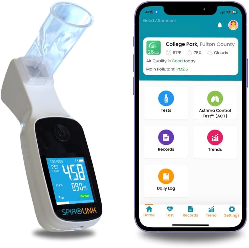 CMI Health SpiroLink | Medidor de flujo pico inteligente | Prueba de función pulmonar portátil, espirómetro de bolsillo | Larga vida útil, a22 duradero | para asma, EPOC, músicos, fumadores, atletas y más