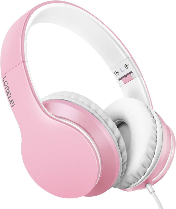 LORELEI X6 - Auriculares sobre la oreja con micrófono, auriculares de bajos estéreo ligeros y plegables con 1.45M sin enredos, auriculares portátiles con cable para Smartphone,ln24 tablet, MP3/4 (rosa perla)