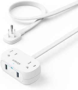 Anker Regleta de alimentación USB, cable delgado de 5 pies y enchufe plano, regleta pequeña con 2 tomas de corriente a19 y 2 cargadores USB, sistema de seguridad para carga de escritorio, compacto para