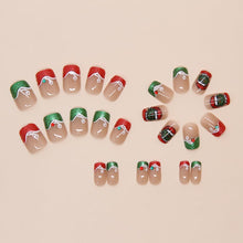 Cargar imagen en el visor de la galería, 24 uñas postizas de Navidad a presión, cortas, cuadradas, verdes, rojas, francesas, con pegamento, uñas acrílicas brillantes, a22 diseño de uñas acrílicas... Nombre del patrón:Navidad Nials 002
