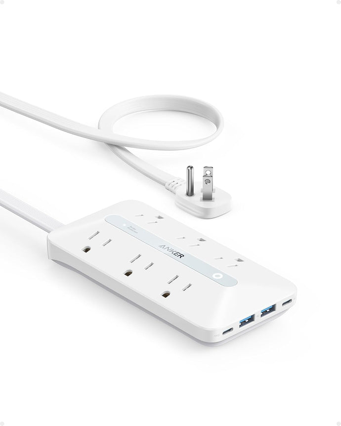 Anker Tira de alimentación de enchufe plano (300J), tira de alimentación USB C de 20 W, regleta de alimentación a19 ultra fina 10 en 1 con 6 CA, 2 USB A/2 USB, cable de extensión de 5 pies, estación de